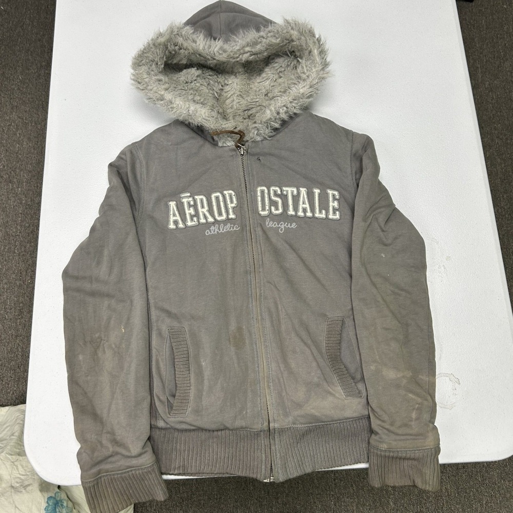 Aeropostale Hoodie Women M Gray Faux Fur Lined Full Zip Athletic Jacket